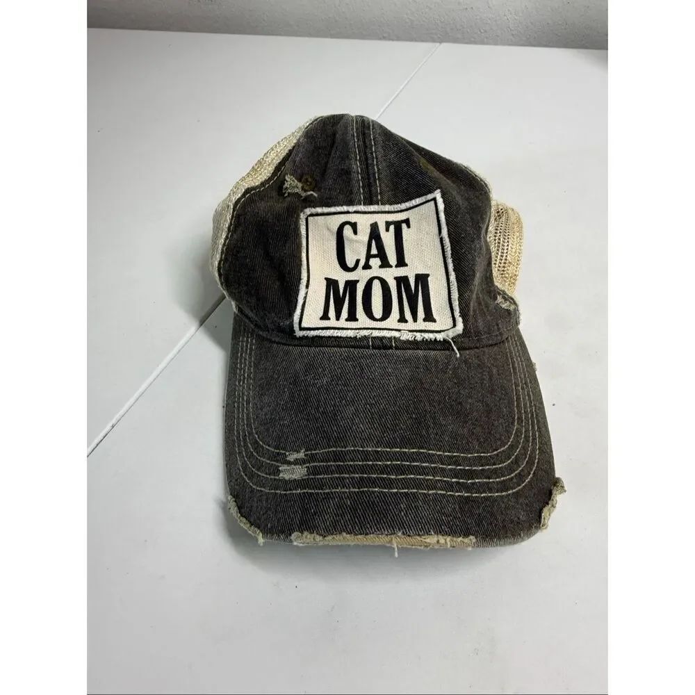 Cat Mom Hat Cap Snap Back Trucker Mesh Distressed Look Brown Beige OSFA Headmost